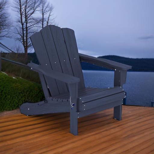 KINGYES Folding Adirondack Chair, HDPE All-Weather Patio Chairs, Wooden Textured Lawn Chair for Poolside, Backyard, Deck, Fire Pit, Navy