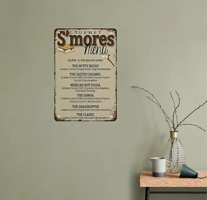 Vintage S'Mores Menu Metal Sign - Rustic Wall Decor with Delicious S'More Recipes (Graham Cracker, Marshmallow, Chocolate) - 12x8 Inches