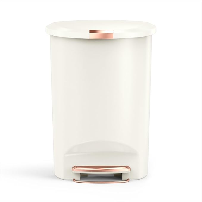 simplehuman 50 Liter / 13 Gallon Hybrid Semi-Round Kitchen Step Trash Can with Secure Slide Lock, Cream Plastic