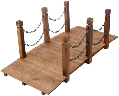 5 ft Wooden Garden Bridge with Chain Railings, 500 LBS Capacity Arch Bridge Stained Wood Arc Footbridge for Backyard Creek Farm, Decorative Pond Bridge