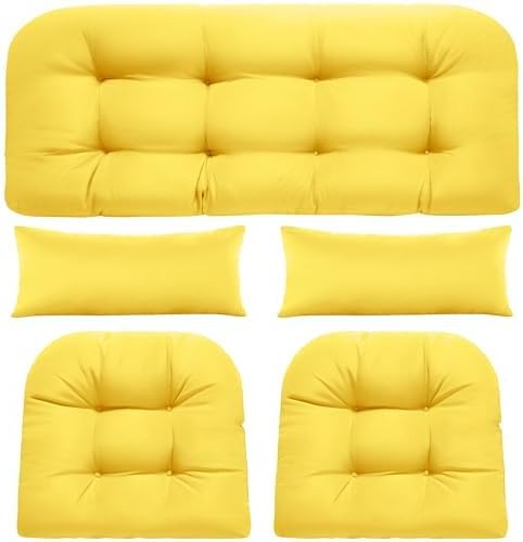 Wicker Chair Cushions of 5 Pieces, Waterproof Outdoor Loveseat Cushion for Wicker Furniture, 1 Love Seat Cushion, 2 U-Shape and 2 Lumbar Pillows for Patio Furniture (Yellow)