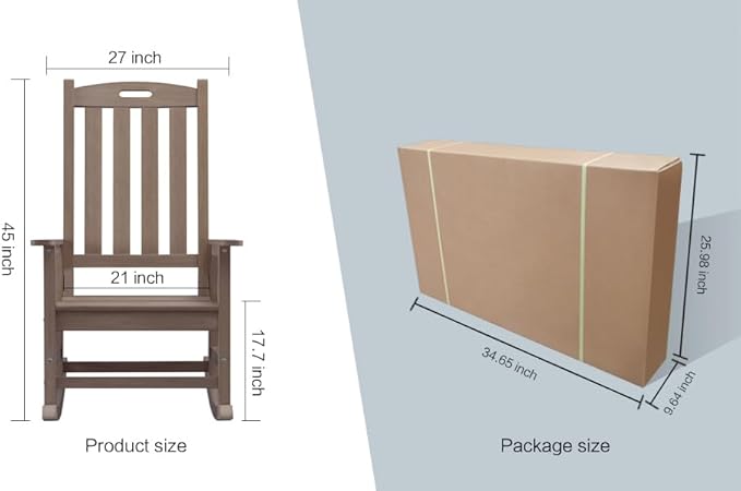 Psilvam Oversized Outdoor Rocking Chair, with 21" Wide Seat and 32" Tall Backrest, Pre-Assembled with Most Components for Effortless Installation (Brown)