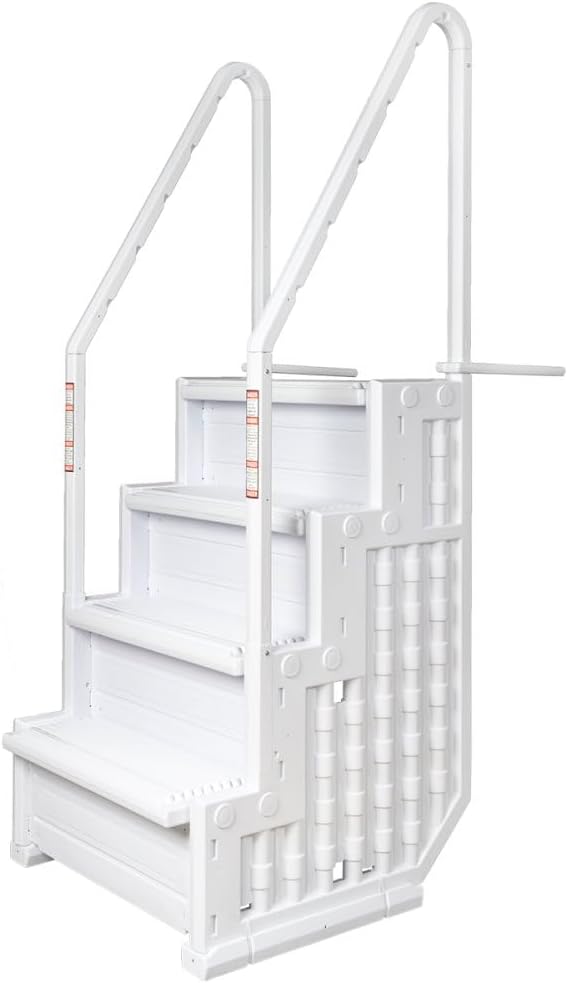 Aqua Select Everest in Pool Step and Outside Flip Up Ladder System | White | for Above Ground Swimming Pools | Wide Steps for Added Stability | Safety Stairs Capacity Up to 350 lbs