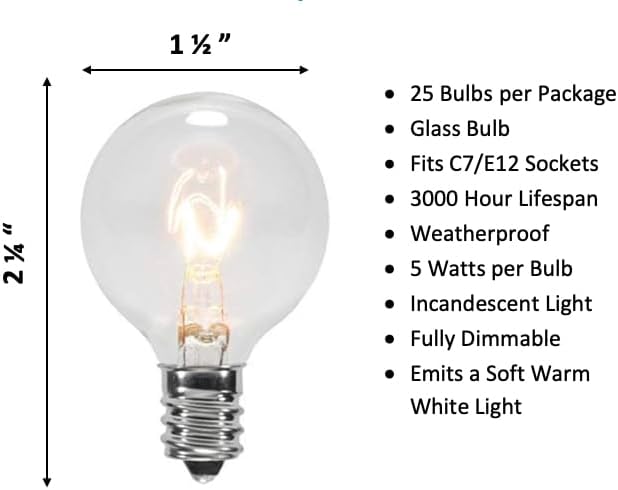 25 Pack Clear G40 Globe Light Bulbs for Patio String Lights Fits E12 and C7 Base 5 Watt 1.5 Inch Dimmable Light Bulbs G40 Replacement Bulbs for Patio Lights