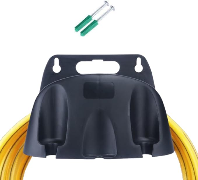 Garden Hose Reel Wall Mount Holder for Yard Organization - 2 Pack Premium Plastic Water Hose Holder, Small Setup for Garage, Holds 65' Feet Hose, Outside Storage with Pipe Hook Support