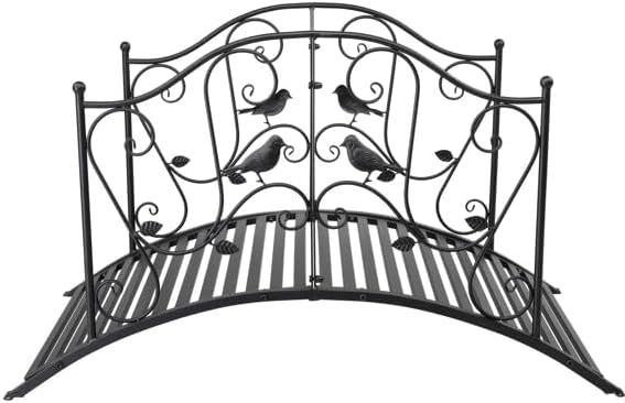 4 ft Metal Garden Bridge, Bird Pattern Arched Handrail Courtyard Iron Bridge Black