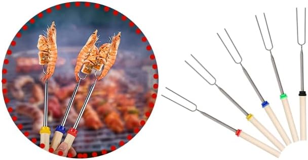 Marshmallow Roasting Sticks Set 5 Pcs with BBQ Gloves, Extendable 32in Long Metal Barbecue Skewers with Wooden Handle & A Pair of Grilling Gloves for Campfire Accessories