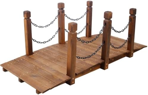 5 ft Wooden Garden Bridge with Chain Railings, 500 LBS Capacity Arch Bridge Stained Wood Arc Footbridge for Backyard Creek Farm, Decorative Pond Bridge