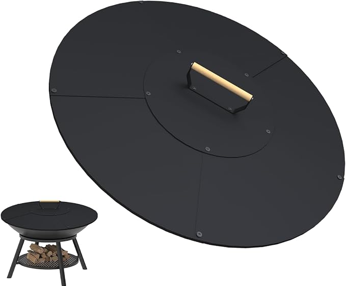 28" Wooden-Handle Fire Pit Lid for Pits up to 26", Round Metal Bonfire Pit Burner Pan Cover, Smokeless Fire Pit Cover for Fire Tables, All-Weather Resistance Outdoor Firepit Accessory