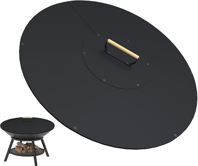 32" Wooden-Handle Fire Pit Lid for Pits up to 30", Round Metal Bonfire Pit Burner Pan Cover, Smokeless Fire Pit Cover for Fire Tables, All-Weather Resistance Outdoor Firepit Accessory