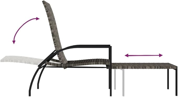 vidaXL PE Rattan Sun Lounger with Footrest, Outdoor Lounge Chair with Adjustable Backrest and Armrests, Gray, Ideal for Patio, Pool, Balcony, and Garden