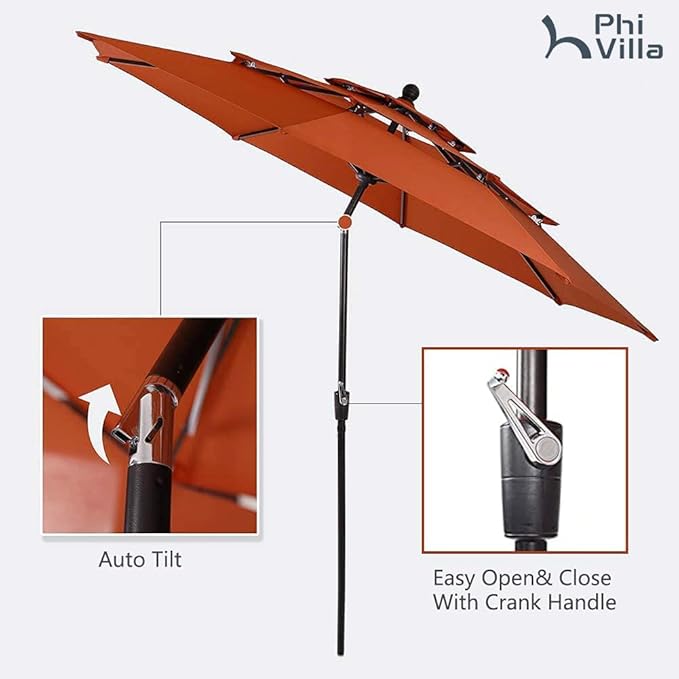 PHI VILLA 5 Piece Outdoor Dining Set with Umbrella, 37" Square Metal Dining Table & 4 Cushioned Wicker Rattan Chairs with 10ft Red Umbrella for Patio, Deck, Yard, Porch