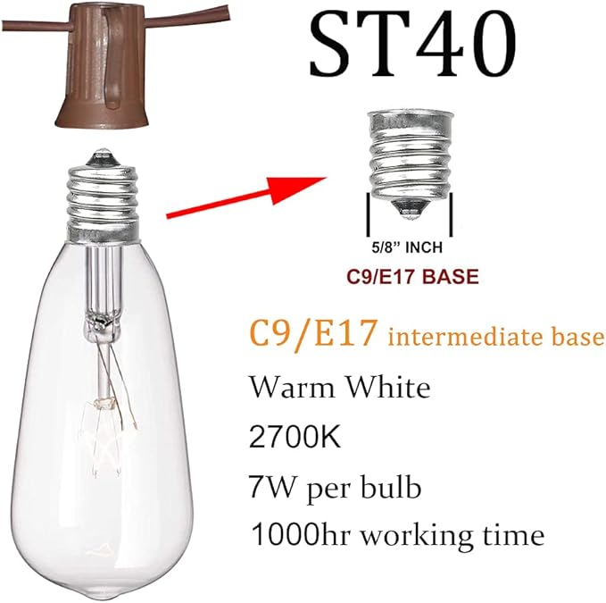 GOOTHY 10Ft Outdoor String Lights with 11 Clear Edison Bulbs (1 Spare) - C9/E17 Base Vintage Patio String Lights - UL Listed for Backyard Wedding Garden Decor - Brown