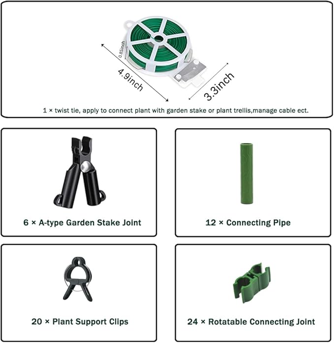 Garden Trellis Support Kit - Plant Clips & Stake Connectors, 7/16" Stake Extensions & Pipe Fixings