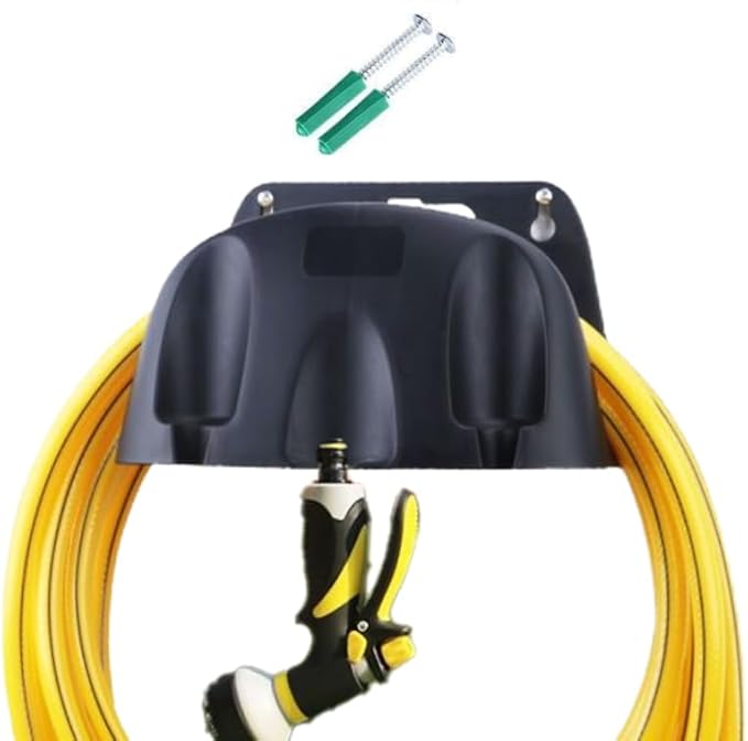 Garden Hose Reel Wall Mount Holder for Yard Organization - 2 Pack Premium Plastic Water Hose Holder, Small Setup for Garage, Holds 65' Feet Hose, Outside Storage with Pipe Hook Support