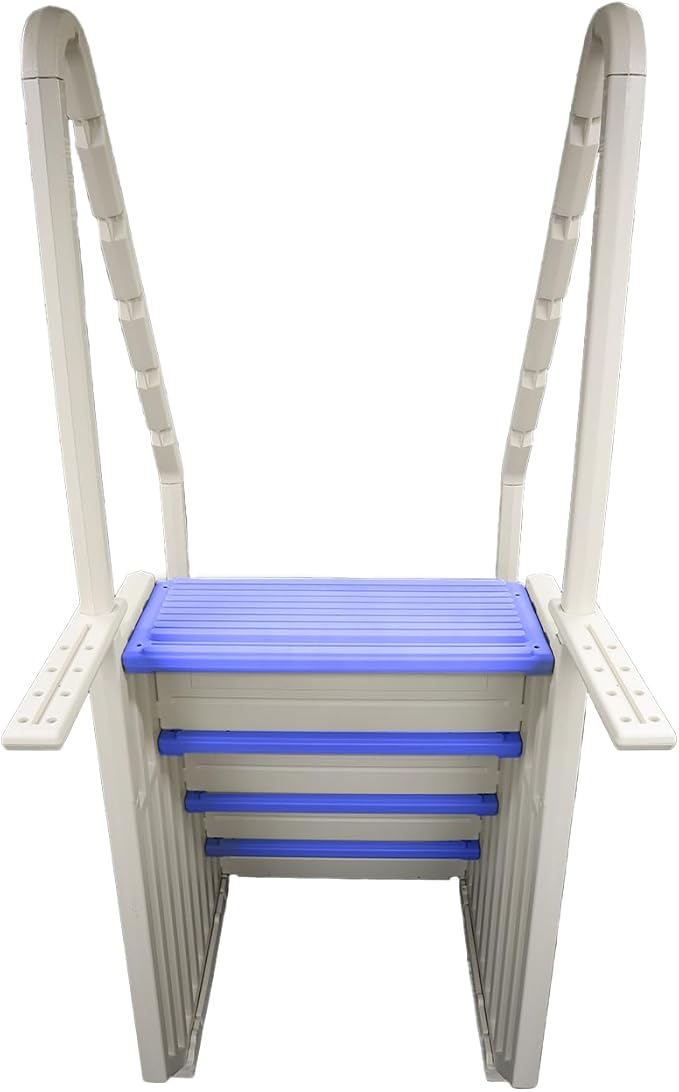 Confer Plastics Step-1X Above Ground Pool Entry System – Dual Handrails, Slip-Resistant Steps, Supports 400 lbs, Easy Installation, Warm Grey with Blue Treads, Made in USA