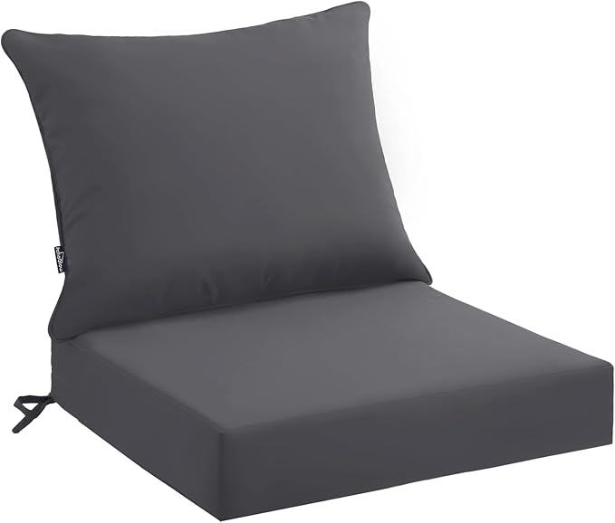 Outdoor Seat Cushion Set 22 x 24 x 4 Inch, Waterproof & Fade Resistant Patio Furniture Cushions with Removable Cover and Ties, Thick Deep Seating Pads for Outside Chair Sofa Couch, Grey