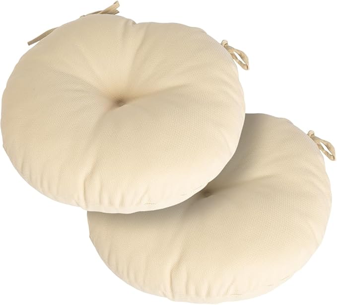 Magpie Fabrics Outdoor 15"x15"x4" Round Bistro Seat Cushions with Ties Set of 2, Tufted Waterproof Patio Floor Chair Pads for Home Garden Balcony Kitchen Office Porch, Olefin Beige