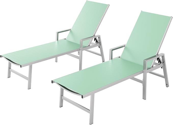 Patio Chaise Lounge Chair Outdoor with Wheels&Armrests, Aluminum Pool Lounge Chairs Set of 2 Five-Position Adjustable Recliner, Outdoor Beach Lounge Chairs for Poolside, Patio, Deck, Yard, Light Green