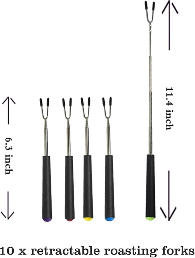 Telescoping Forks Smores Sticks for Fire Pit, 5 pcs S’mores Roasting Sticks for Camping, 6.3-11.4 Inch (10, 6.3-11.4 Inch)