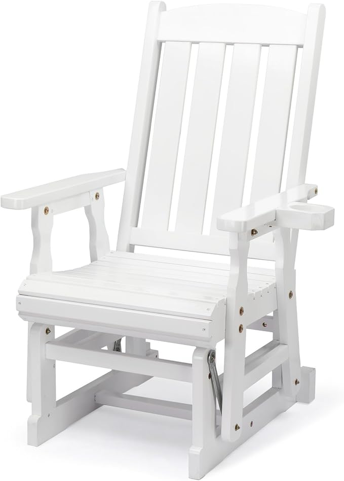 VINGLI Outdoor Glider Chair Wood Patio Glider with Cup Holder, Porch Glider with Smooth Rocking Mechanism, Heavy Duty 600 LBS, White