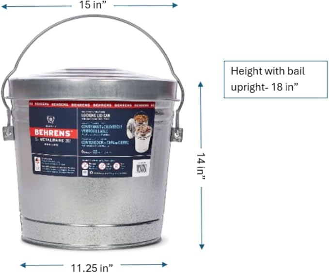 Behrens 6 Gallon Galvanized Steel Storage Can or Waste Bin w/Locking Lid & Handle (2 can, 2 Black Grip)