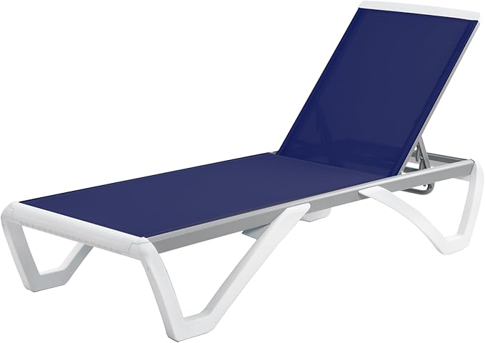 Kozyard Outdoor Chaise Lounge Chair, Full Flat Adjustable Patio Lounger with Aluminum Frame & Resin Legs, Textilene Fabric for Poolside, Backyard & Beach (NavyBlue)
