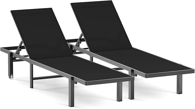 Ciokea Patio Chaise Lounge Chair Set of 2, Outdoor Lounge Chairs with Wheels, 5-Position Adjustable Sun Loungers for Pool, Deck, Beach, Black
