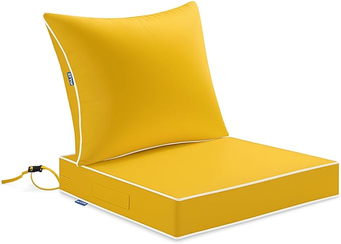 MIULEE Yellow Outdoor Seat Cushion 22x22 Inch Waterproof & 3 Year Fade Resistant Deep Seat and Back Cushion for Patio Furniture Chair Sofa Couch with Handle and Adjustable Straps