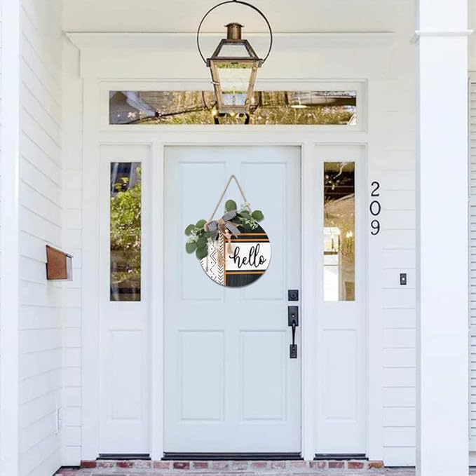 CHDITB Boho 3D Hello Front Door Wreath Sign(12"x12"), Farmhouse Front Door Porch Decor with Eucalyptus Leaves Plaid Bow Bead, Rustic All Seasons Door Hanger Decoration Hanging for Office Home