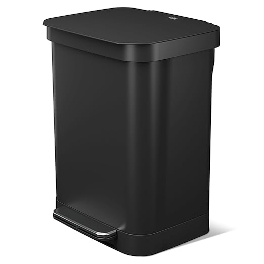 Glad Stainless Steel Step Trash Can, Series 2 with Clorox Protection - Large Black Kitchen Garbage Bin with Soft Close Lid, Foot Pedal and Waste Bag Roll Holder, 13 Gallon
