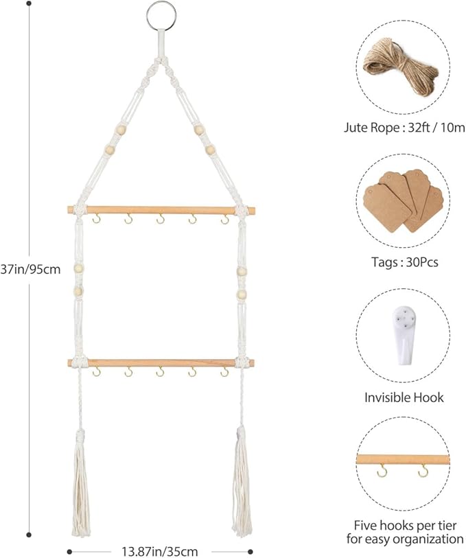 2-Tier Hanging Herb Drying Rack – Includes 30 Brown Gift Tags & 32ft Natural Jute Twine – Handwoven Boho Style Plant Hanger for Drying Herbs, Flowers, Sage – 37" Tall, Home Décor & Gift Idea