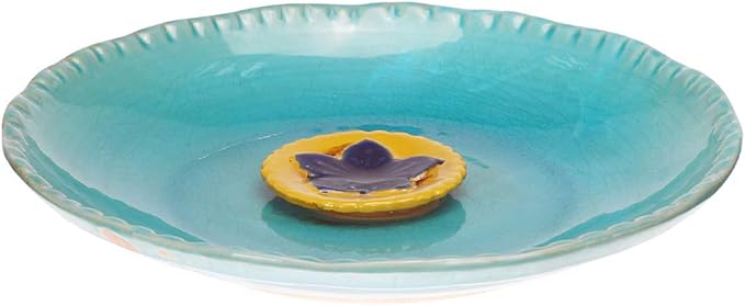 Topadorn 12.25in Ceramic Bird Bath for Outdoors, Large Bird Bath Bowl for Garden Lawn Balcony Patio Yard Tabletop Ground Decor, Blue with Yellow Flower