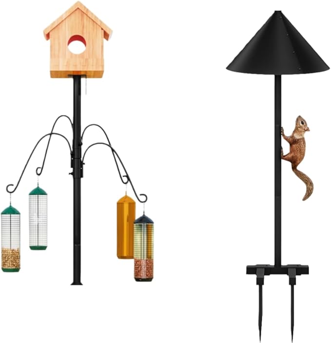 Bird Feeder Pole 101.97 Inch House Stand with Squirrel Proof Baffle Heavy Duty Feeding Station with 4 Shepherd Hooks for Outdoor Garden Yard Black (Bird House Not Included)