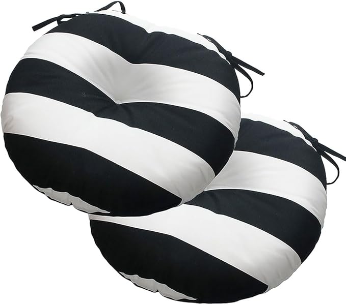 Magpie Fabrics Outdoor Round Bistro Seat Cushions with Ties, 15"x15"x4" Set of 2, Tufted Waterproof Barstool Chair Pads for Patio Home Garden Office, Black White