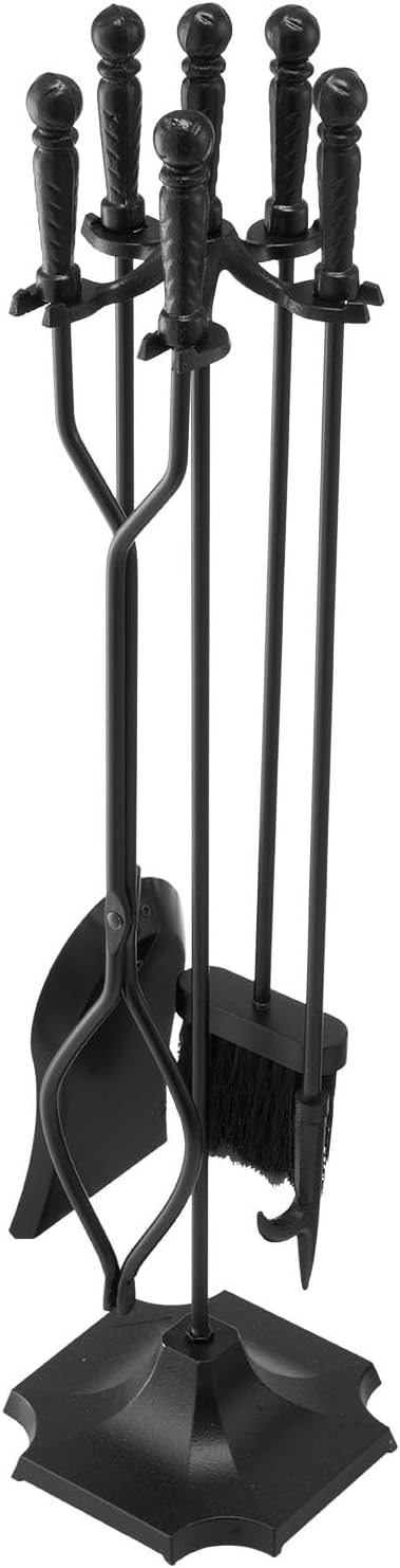 VEVOR Fireplace Tool Set, 5 PCS Fire Tool Set and Holder with Five-Prong Stand, Tongs, Ash Shovel, Brush, Fire Place Poker, Wrought Iron Fireplace Accessories for Campfire Indoor/Outdoor, Black