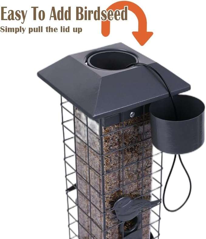 Squirrel Proof Bird Feeders for Outdoors, Metal Wild Bird Feeder for Outside Hanging, 4 Ports Perches, 3LB Large Capacity(Gray)