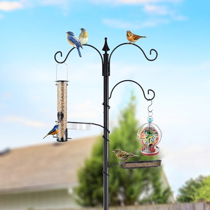 Backyard Expressions Bird Feeding Station Kit - 75" Bird Feeder Pole with 5 Prong Base and Stand for Outdoors - Black