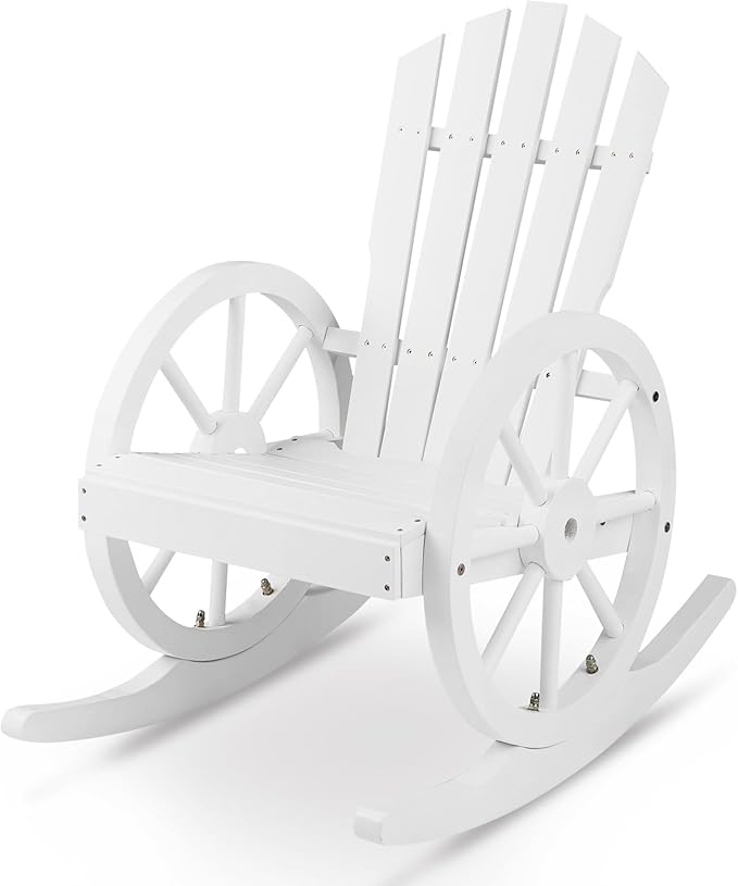 Outvita Adirondack Rocking Chair, Wood Wagon Rocker, Outdoor Wooden Carbonized Lounge Chairs with Wheel Armrest for Garden Patio Country Yard Porch(White)