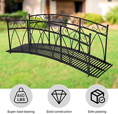 Kinlife 8 FT Metal Arch Garden Bridge – Heightened Patio Outdoor Bridge with Safety Guardrails, Decorative Landscaping Iron Footbridge for Backyard Creek Lawn Stream Fish Pond, Black