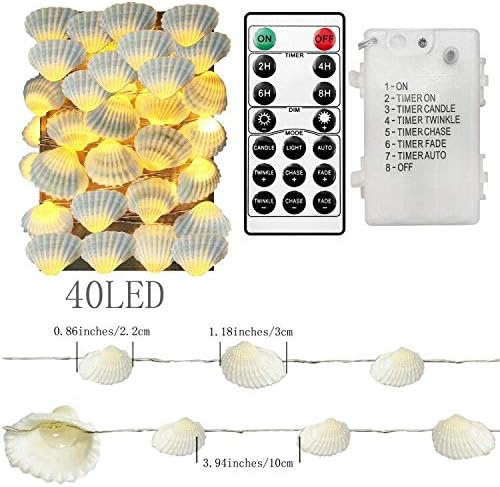 Decorman Natural Seashell String Lights 13.2ft 40 LED 8 Modes Warm White Weatherproof Battery Operated Ocean Theme Lights for Bedrooms Parties Weddings Gardens with Remote and Timer (Natural Shell)