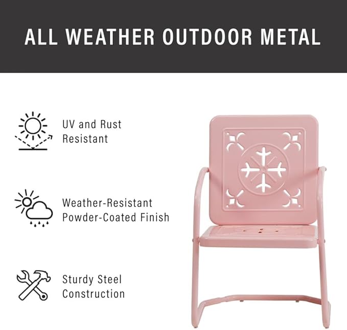 Crosley Furniture Azalea 2-Piece Outdoor Chair Set, Vintage Retro Metal Patio Chairs for Dining, Porch, Deck, Pastel Pink Gloss