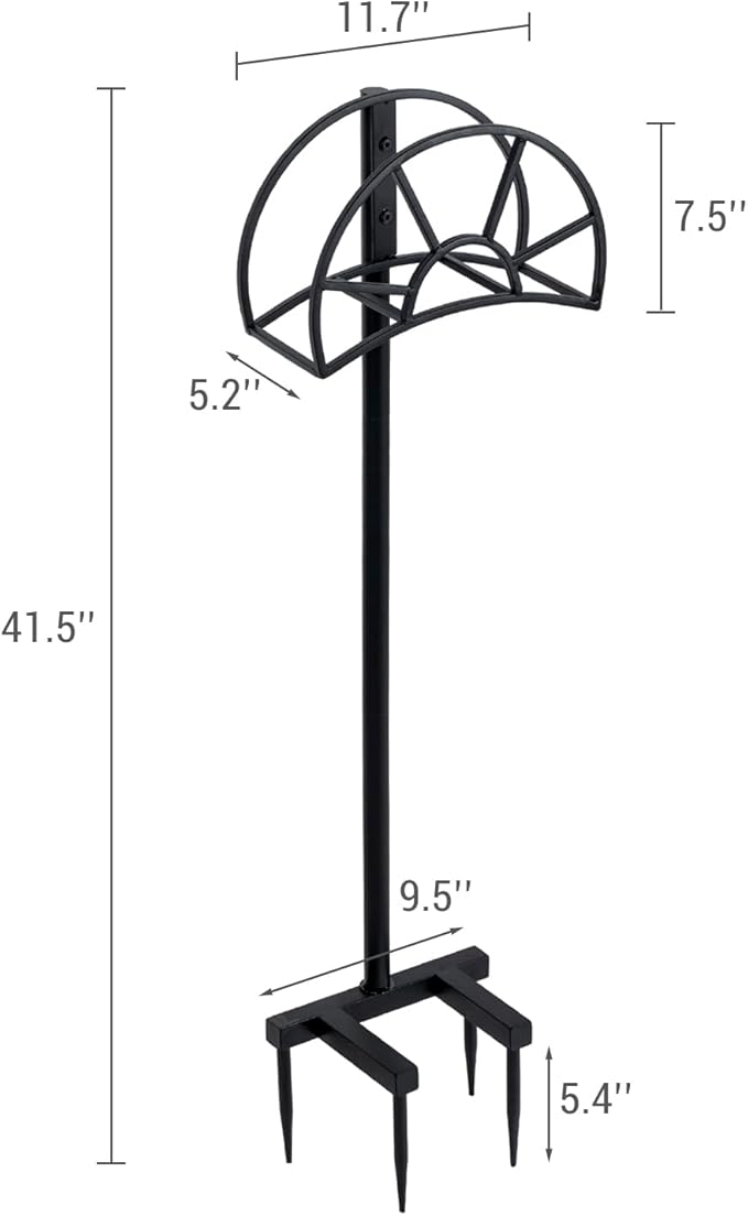 MyGift Metal Garden Hose Holder Stake, Modern Matte Black Metal Outdoor Garden Hose Holder Rack with Yard Grass Stake Anchors