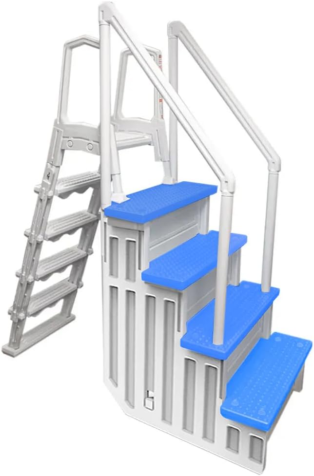 Aqua Select Anti-Slip in-Pool Steps with Outside Flip-Up Ladder | White/Blue Steps | for Above Ground Swimming Pools | Can Mount to Decks 48" to 54" H | Safety Stairs Capacity Up to 350 lbs