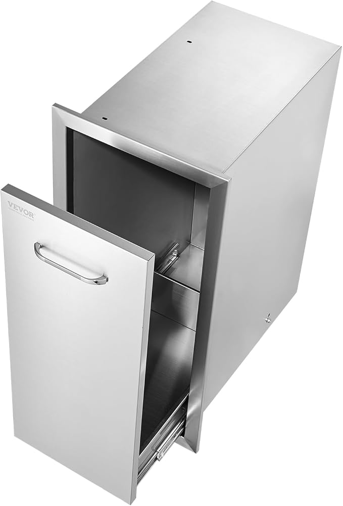 VEVOR Pull-Out Trash Drawer 13.4"W x 25.7"H x 19.6"D Lower Sliding Rails Steel Roll-Out Trash Bin Pull-Out Tray Outdoor Handled Kitchen Trash Drawer for BBQ Island Grill Station Trash Can NOT Included