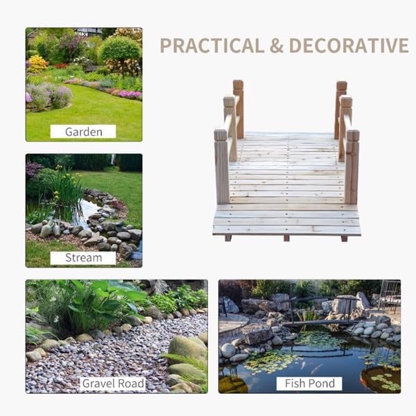 5 ft Garden Bridge, 500 LBS Capacity Arch Bridge Small Wooden Bridge with Safety Rails, Decorative Pond Landscaping, Backyard, Creek or Farm, Beige, YABEY052701