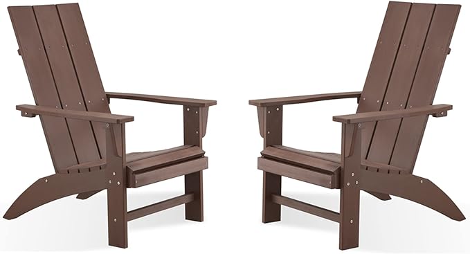 Psilvam Modern Adirondack Chairs Set of 2, Oversized Poly Lumber Fire Pit Chair, 350 Lbs Support Patio Chairs for Garden, Weather Resistant Adirondack Chair Looks Like Real Wood (Brown)