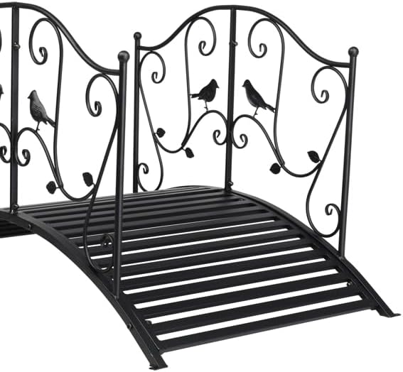 4 ft Metal Garden Bridge, Bird Pattern Arched Handrail Courtyard Iron Bridge Black