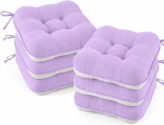 BETU Chair Cushions for Dining Chairs Set of 6,3.5" Thick Kitchen Table Chair Pads with Ties,Non Slip Backing and Covers, Seat Cushion for Dining Room,Bar,Patio Chairs,16"X16"X3.5",Purple