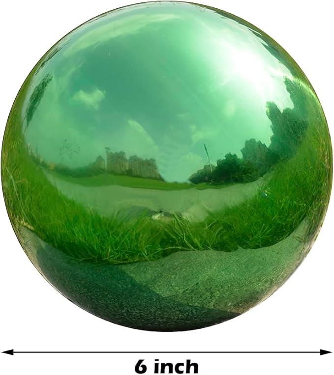 Nerien 6 Inch Gazing Ball, Stainless Steel Garden Mirror Globe, Polished Ornament Sphere, Hollow Floating Reflective Hemisphere, Home Outdoor Pond Housewarming Swimming Pool Decoration Gift, Green